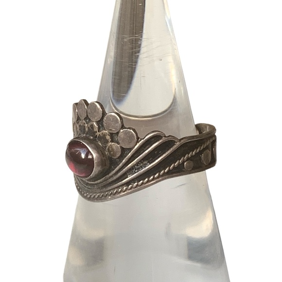 Vintage Sterling Silver Garnet Dragons Eye Adjustable Ring Unisex Jewelry - Picture 2 of 8